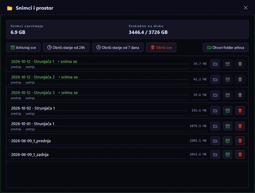 Recorder window with recordings by day and mat, used and free disk space