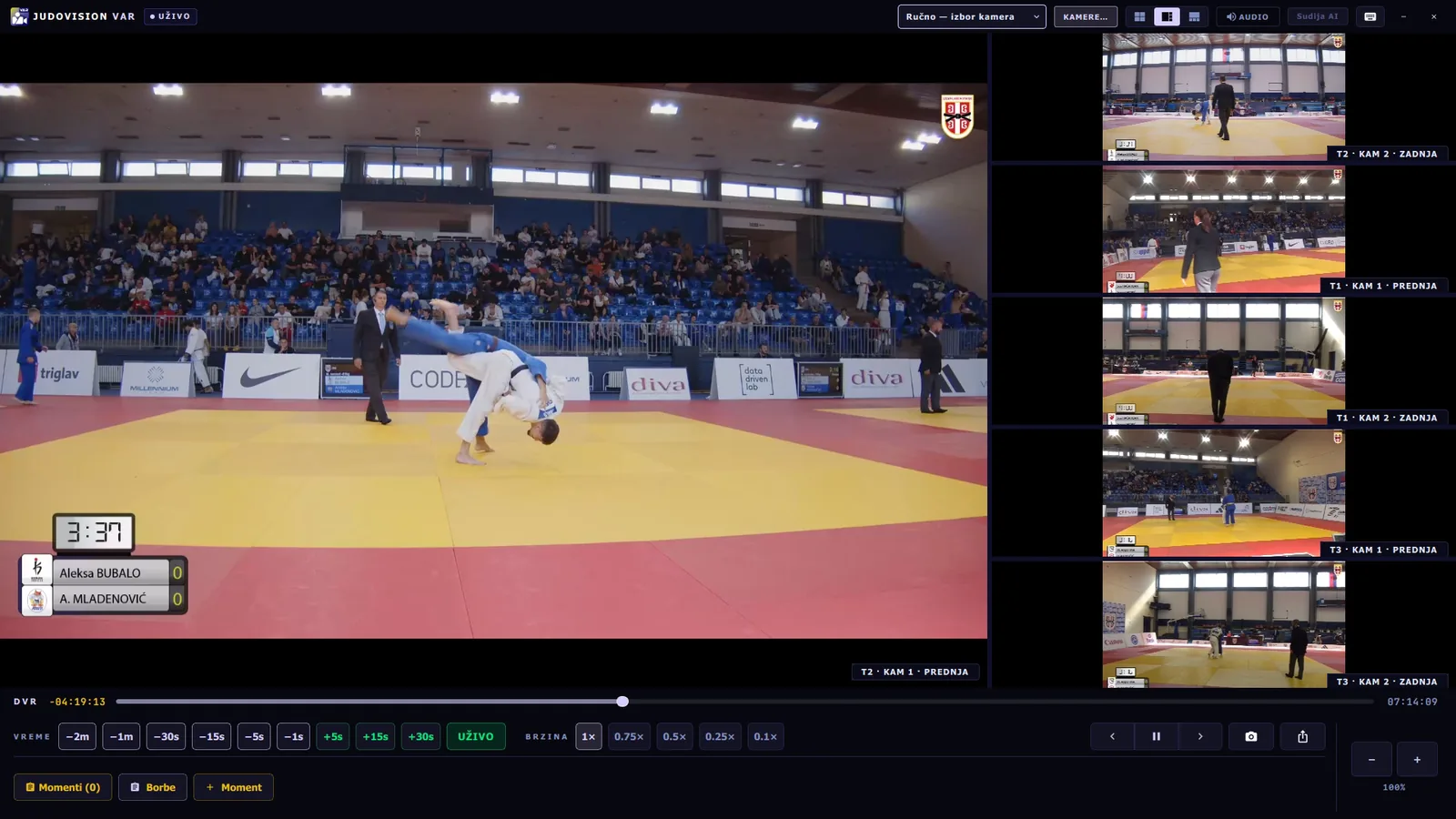 VAR showing six cameras from three mats with one big picture